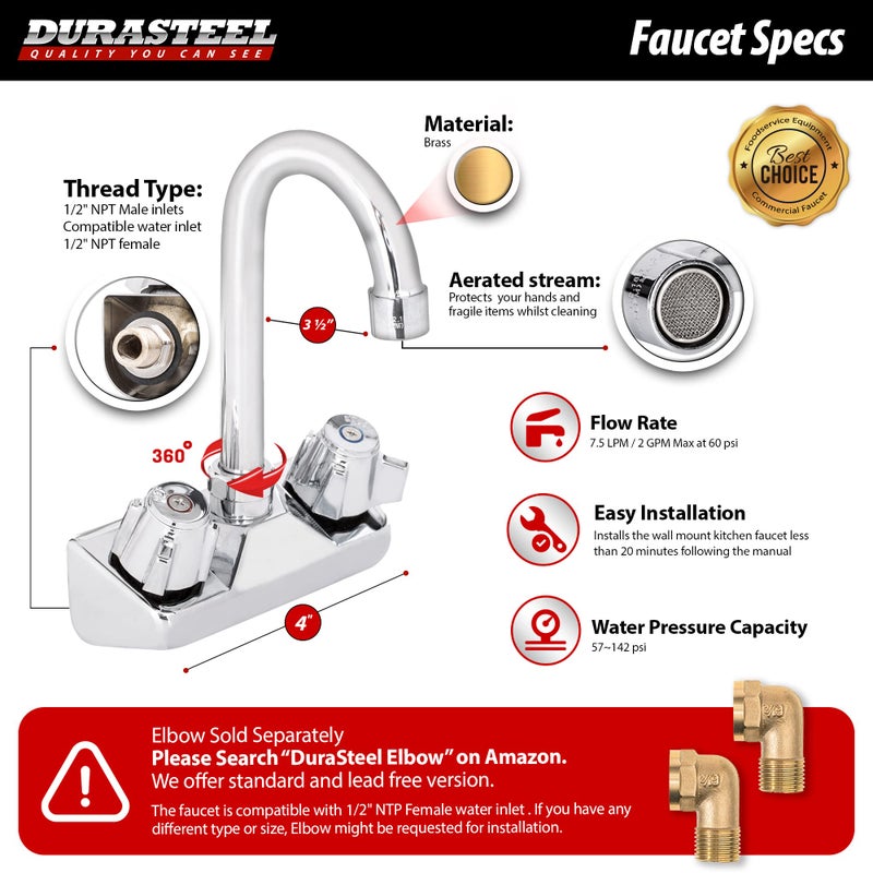 DuraSteel Commercial Hand Sink Faucet - Wall Mount Sink Faucet 4 Inch Center for Kitchen Small Sinks - 3-1/2 Gooseneck Spout Knob Handle - 2 Hole Wet Bar Faucets Laundry Tub Restaurant Utility Room - Image 5